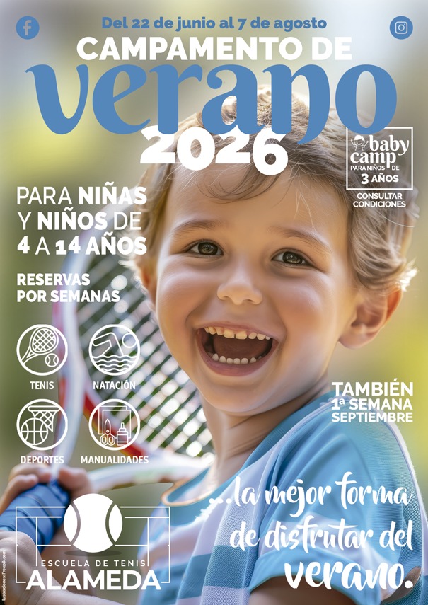 Cartel campamento de verano de tenis 2026 en Madrid
